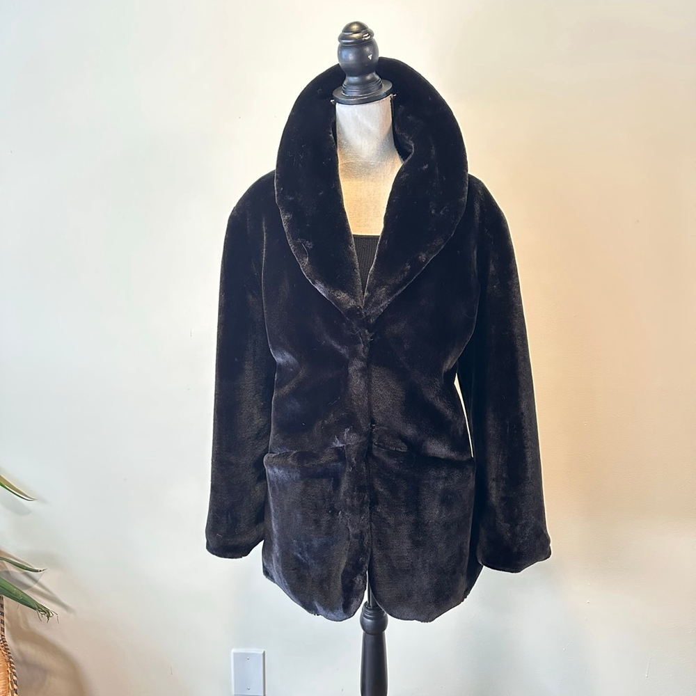 Attention | Y2K Black Faux Fur Coat XL | Shawl Collar Minimal Luxe Winter